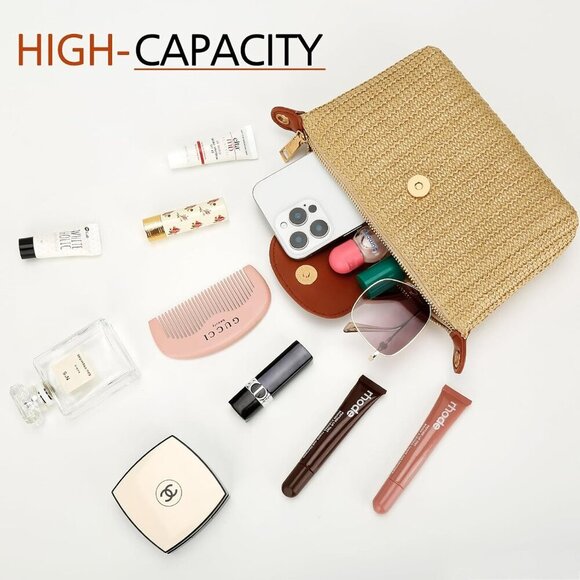 Brown Straw Woven Crossbody Bag - Summer Beach Purse with Adjustable Strap - Picture 7 of 7